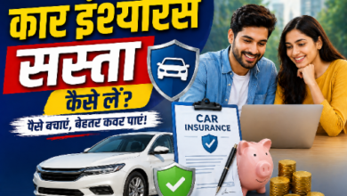 car insurance concept showing car, shield protection, money saving and insurance policy document