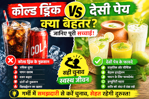 कोल्ड ड्रिंक और देसी पेय के बीच तुलना दिखाता हुआ चित्र