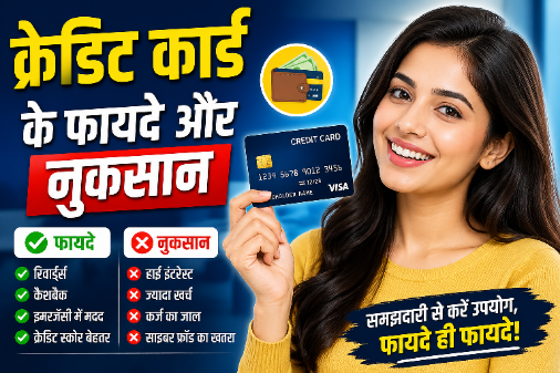 girl holding a credit card with text showing credit card benefits and risks in a bold