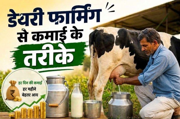 डेयरी फार्मिंग से कमाई दिखाता चित्र जिसमें गाय, दूध की बाल्टी और फार्म का दृश्य शामिल है