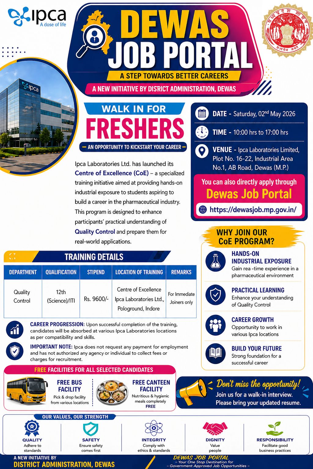 Ipca Laboratories Dewas recruitment 2026 quality control jobs for 12th pass and ITI candidates