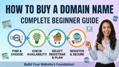 Illustration showing domain name registration and website setup process on a computer screen