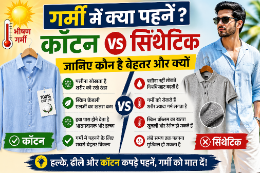 गर्मी में कॉटन और सिंथेटिक कपड़ों की तुलना दिखाता हुआ चित्र
