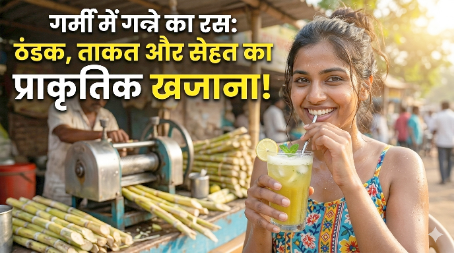 गर्मी में गन्ने का रस पीती हुई युवती