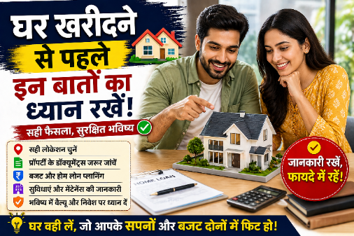 घर खरीदने से पहले प्रॉपर्टी चेकलिस्ट दिखाता चित्र जिसमें घर, दस्तावेज और कैलकुलेशन के संकेत शामिल हैं