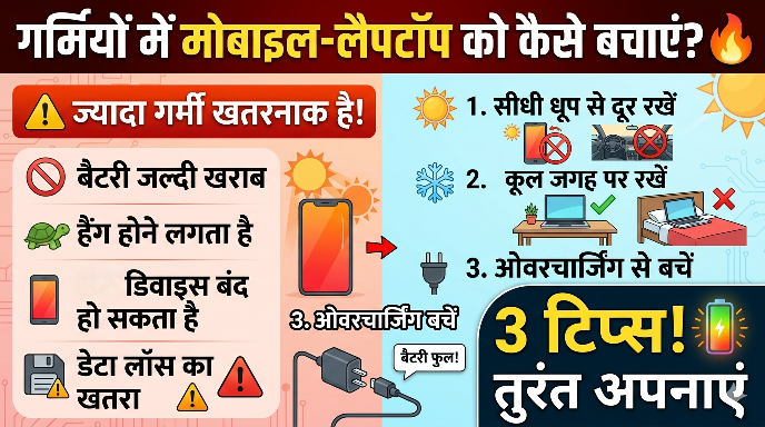 गर्मी में मोबाइल और लैपटॉप को ओवरहीटिंग से बचाने के तरीके दिखाता हुआ चित्र