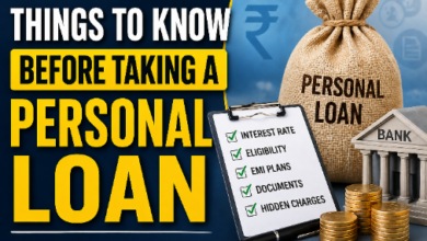 Personal loan concept image showing money bag, bank icon, checklist, and coins representing interest rates, EMI plans, eligibility, and loan charges