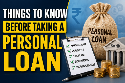 Personal loan concept image showing money bag, bank icon, checklist, and coins representing interest rates, EMI plans, eligibility, and loan charges