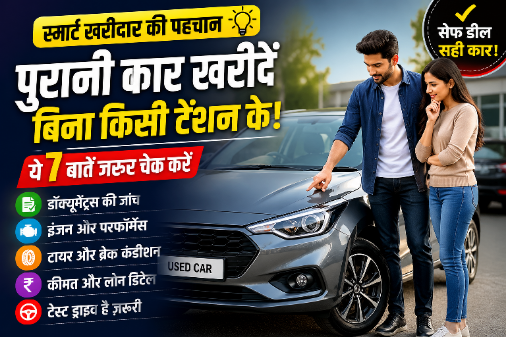 पुरानी कार खरीदने से पहले युवक-युवती कार की जांच करते हुए और ध्यान से देखते हुए।