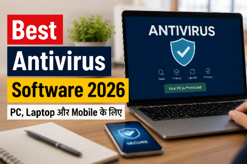 Laptop स्क्रीन पर Antivirus Security Software दिखाता हुआ आधुनिक सेटअप।