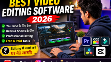 वीडियो एडिटिंग करते युवक लैपटॉप पर best video editing software का उपयोग करते हुए