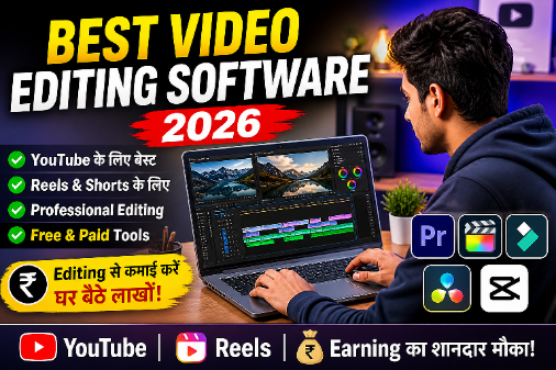 वीडियो एडिटिंग करते युवक लैपटॉप पर best video editing software का उपयोग करते हुए