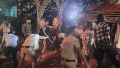 देवास में सड़क हादसे के बाद पलटा हुआ प्याज से भरा मिनी ट्रक।
