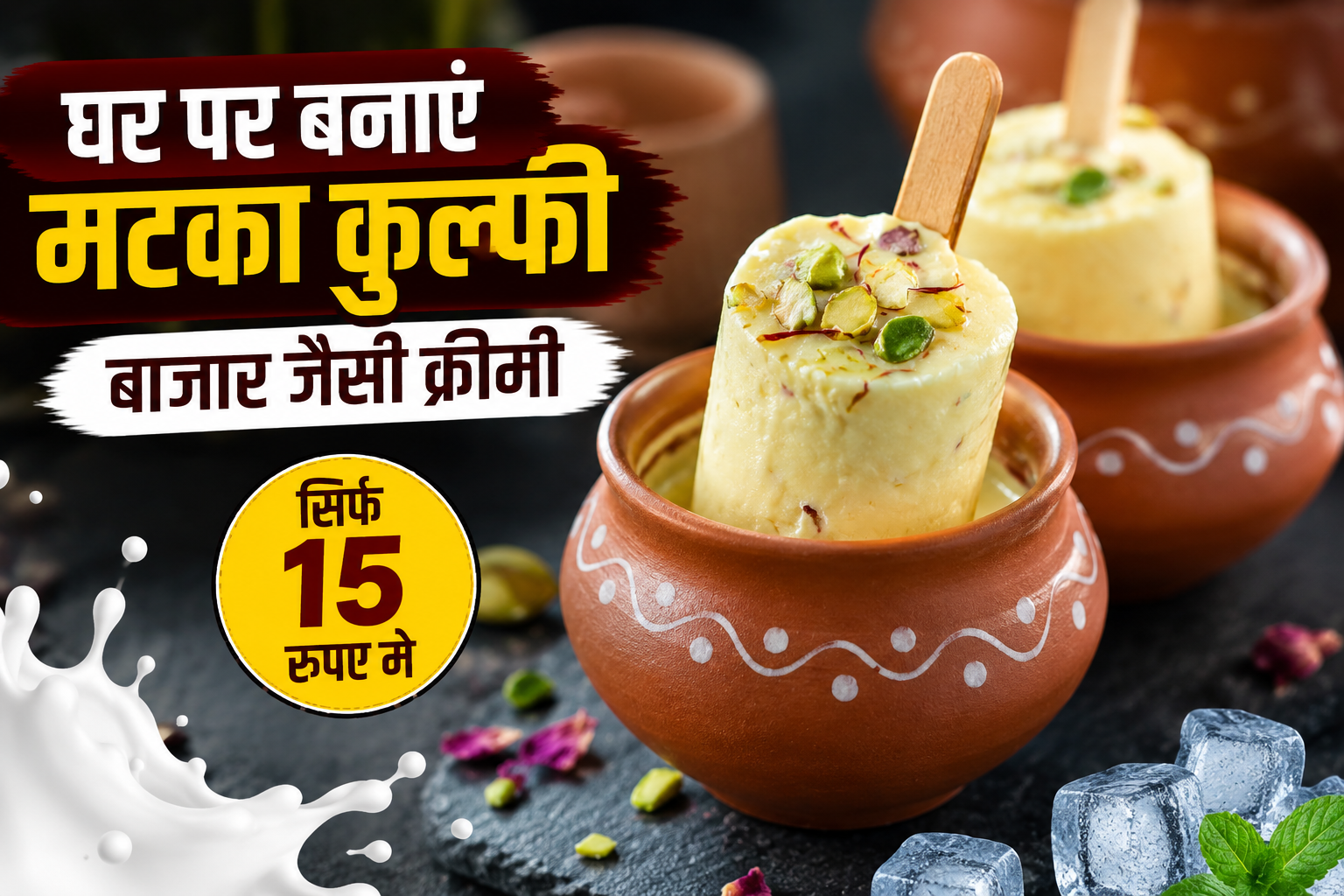 मटके में रखी क्रीमी कुल्फी की स्वादिष्ट तस्वीर।