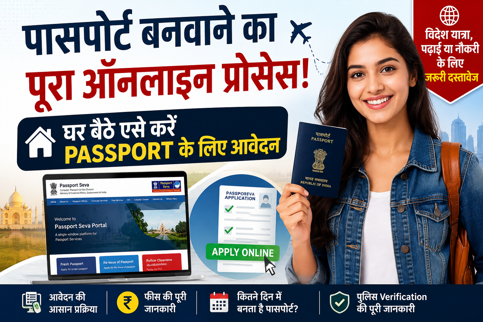 पासपोर्ट बनवाने की ऑनलाइन प्रक्रिया और भारतीय पासपोर्ट के साथ युवती की इमेज।