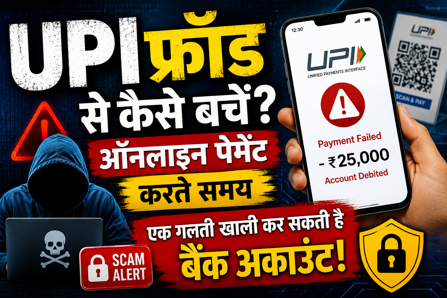 UPI फ्रॉड से बचाव को दर्शाती मोबाइल और साइबर क्राइम की सांकेतिक इमेज।