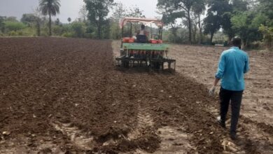 बेहरी गांव में सोयाबीन फसल के लिए बोवनी करते हुए किसान