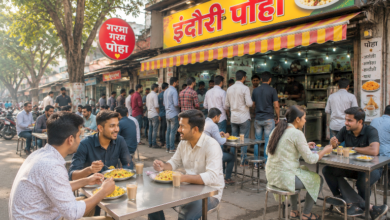 होटल के बाहर बैठकर पोहा खाते लोग और नाश्ते के लिए लगी भीड़