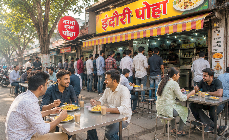 होटल के बाहर बैठकर पोहा खाते लोग और नाश्ते के लिए लगी भीड़