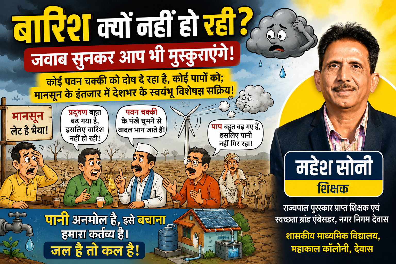 बारिश के इंतजार में लोगों के मजेदार तर्क पर व्यंग्य प्रस्तुत करते शिक्षक महेश सोनी।