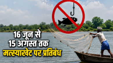 नदी में जाल डालता मछुआरा और मत्स्याखेट पर प्रतिबंध का प्रतीक चिन्ह