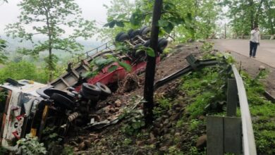 बरझाई घाट के जलेबी मोड़ पर खाई में गिरा सीमेंट से भरा ट्राला