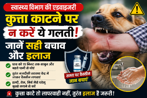 डॉग बाइट की स्थिति में घाव को साबुन और बहते पानी से धोकर तुरंत चिकित्सकीय उपचार लेने की सलाह देते हुए स्वास्थ्य विभाग की एडवाइजरी।