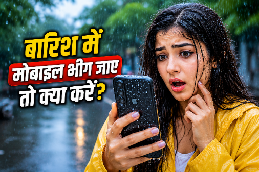 बारिश में भीगा हुआ स्मार्टफोन को देखते हुए युवती