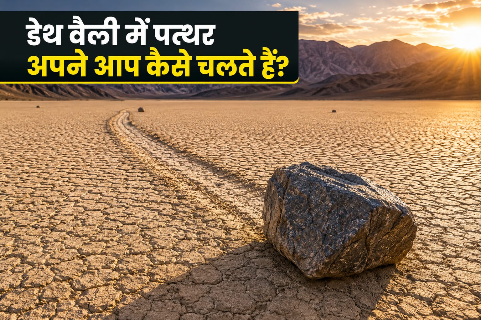 डेथ वैली की सूखी झील में पीछे लंबी लकीर छोड़ता हुआ बड़ा पत्थर