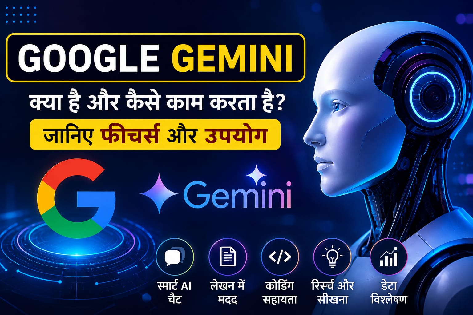 Google Gemini AI के फीचर्स, उपयोग और फायदे दर्शाता हुआ हिंदी थम्बनेल