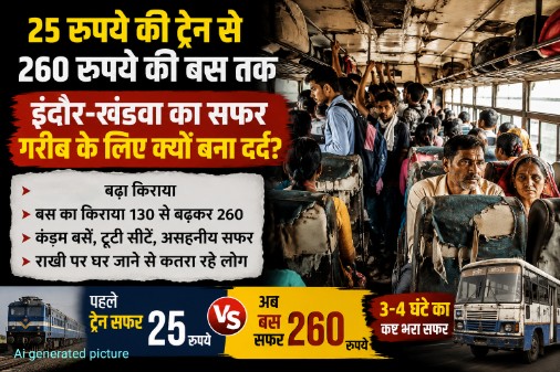 इंदौर-खंडवा के बीच ट्रेन सेवा बंद होने से बसों में सफर करते यात्री